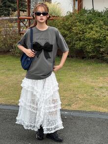 DAZY قميص تي شيرت بياقة دائرية وأكمام قصيرة مزين بطباعة الحرف والفيونكة، للربيع للفتيات المراهقات - رمادي - مشاهدة 4