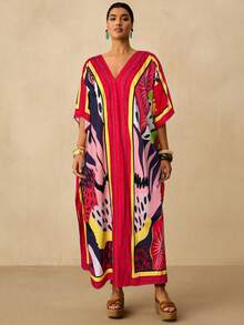 Travachic Plus Size All-Over Print V-Neck Casual Vacation Dress, Summer Dresses - Royal Blue - View 4