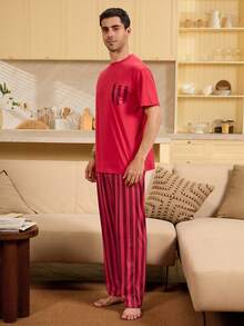 Velminro New Year Element Men's Loungewear Short Sleeve T-Shirt & Pants Set - Red - View 5