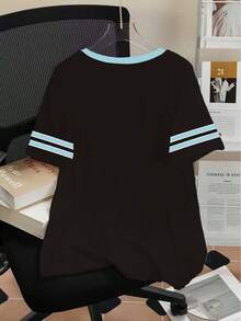 Sparklyn Camiseta corta básica casual para niñas, de estilo minimalista y de alta gama, con estampado de número 67, estrella de cinco puntas, rayas y contraste de colores azul y negro, lema y gráfico, cómoda para uso diario, adecuada para primavera, verano y otoño - Multicolor - Ver 2