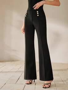 Anewsta Women's Elegant Straight Leg Pants, Minimalist Casual Chic Metal Button Black Trousers - Black - View 4