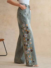 Anewsta Quần jeans nữ ống đứng màu xanh dương thêu hoa lãng mạn, thời trang cho mùa xuân/hè, phù hợp cho tiệc Valentine và kỳ nghỉ. - Màu xanh lam - Xem 6