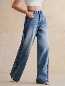 Anewsta Women's Fashionable, Elegant, Sexy Side Cutout Embroidered Romantic Party Vacation Blue Straight Leg Jeans, Spring/Summer - Blue - View 3