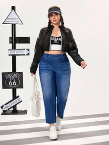 Flexra Plus Size Women Elastic Slant Pocket Vintage Wash Casual Jeans - Dark Wash - View 5