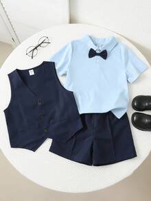 SHEIN 三件套男童绅士西装套装 - 蓝色短袖衬衫、马甲和短裤/长裤。优雅的春夏装扮，适合生日派对、洗礼、周岁生日庆祝、正式场合、婚礼宾客、花童、戒指童等。 - 藍色 - 查看 3