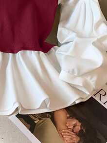 GlowEve Contrast Color 2 In 1 Casual Button Collar Long Sleeve Top - Burgundy - View 3