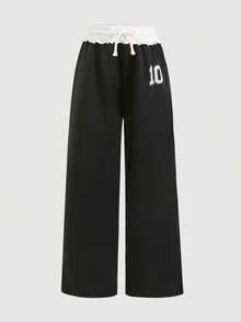 SHEIN Pantalones de chándal casuales holgados de pierna ancha con estampado de número y cintura con cordón de color bloque para niña preadolescente - Negro - Ver 6