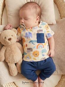 Cozy Pixies Conjunto de 2 piezas de camiseta de manga corta y pantalones de punto suave y cómodo con bolsillo y diseño de animal de dibujos animados en contraste de color para niño pequeño, conjunto casual y lindo para jugar al aire libre - Caqui - Ver 7