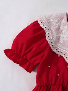 Girls Elegant Ruffle Collar Short Sleeve Dress,Red And White Contrast Cute Summer Dress For Party,Bow Beaded Decor,Daily Wear & Outings For Spring - Red - View 4