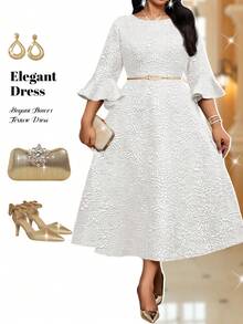 Fleurora 大码纯色压花荷叶边下摆圆领优雅连衣裙 - 白色 - 查看 3