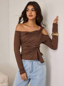 Aidyla Coffee Color Oblique Shoulder Twist Knot Ruched Sexy Fashion Women T-Shirt - Brown - View 5