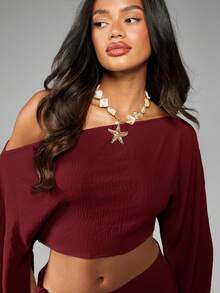 MISSGUIDED 露肩短款上衣搭配垂褶半裙罩衫套装，沙滩度假亚麻质感搭配 - 酒紅色 - 查看 5