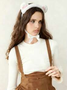 ROMWE 1 Piece Cute Solid Color Plush Rabbit's Ears Headband, Kawaii Lolita Headband, - White - View 1