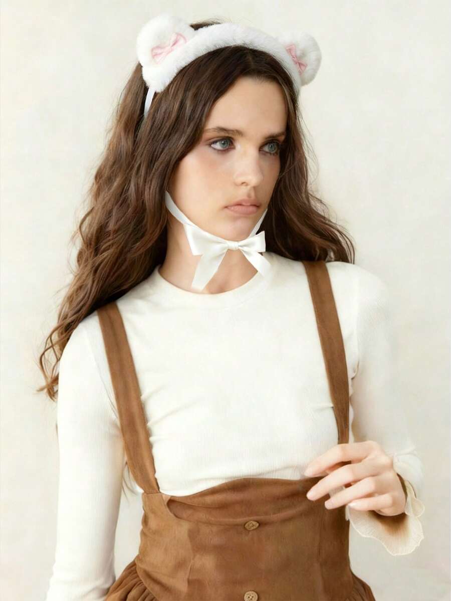 ROMWE 1 Piece Cute Solid Color Plush Rabbit's Ears Headband, Kawaii Lolita Headband, - White - View 1
