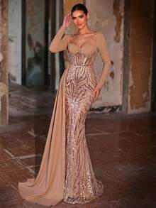 Aureia 优雅奢华的串珠亮片花卉拼接弹力针织美人鱼长裙，侧开衩长袖，适合婚礼、派对、度假、盛大晚宴等场合（重工装饰） - 卡其色 - 查看 5