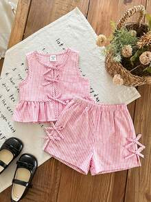Babygirl Cute Summer Casual Red Plaid Bow Sleeveless Top And Elastic Waist Shorts Set - Multicolor - View 1