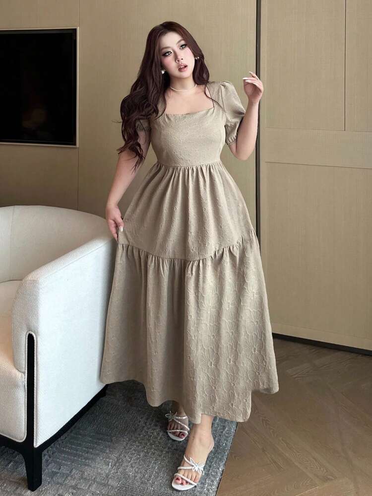 Dazy Plus Plus Size Women's Square Collar Puff Sleeve Waist Cinched Elegant Long Party Dress, Spring/Summer Sundress