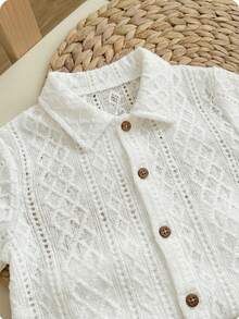 SHEIN 2pcs/Set Young Boys Casual College Style White Solid Hollow Knit Soft Polo Collar Short Sleeve Cardigan And Contrast Color Cuff Folded Comfortable Shorts, Suitable For Spring/Summer, Daily Wear, School, Travel, Holiday, Party - White - View 3