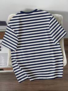 Manfinity Joysei 简约海军蓝条纹学院风小Logo印花短袖T恤，修身版型，约会聚会必备，时尚情侣/男友礼物 - 藏蓝色 - 查看 3