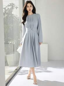 Heiryn 女士纯色圆领褶裥设计优雅中长连衣裙 - 藍色 - 查看 3