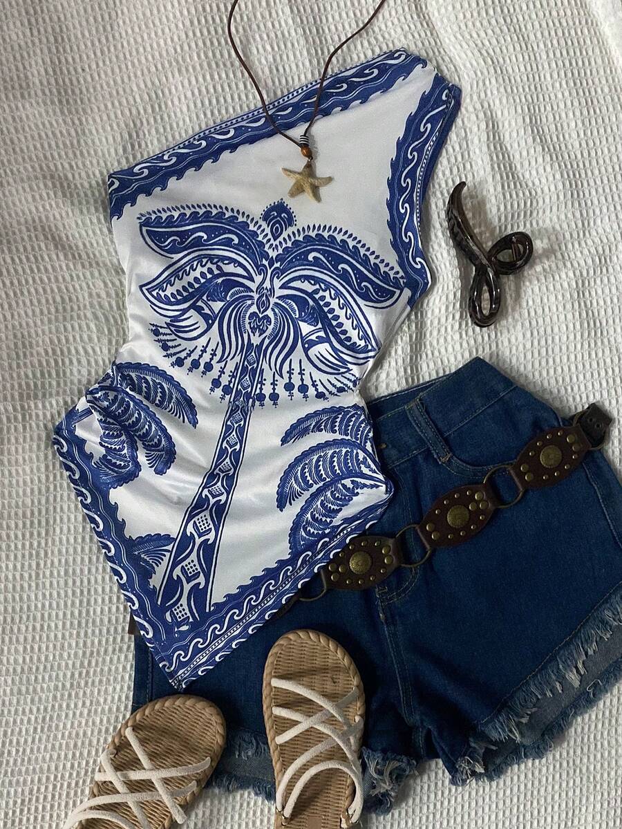 Glimmora Áo vest hở vai in họa tiết dành cho nữ trong kỳ nghỉ xuân/hè, có in hình cây dừa và đảo, phong cách Bohemian, quà tặng cho bạn bè, hoàn hảo cho bãi biển mùa hè, giản dị và thoải mái. - Nhiều màu - Xem 1