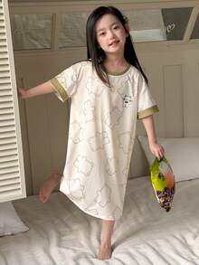 Dazy Kids Young Girls Round Neck Bear Print Short Sleeve Nightgown Loungewear