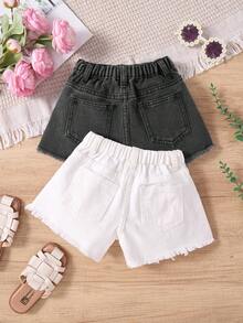 SHEIN 2pcs/Set Girls Denim Ripped Shorts, Black & White - Multicolor - View 2