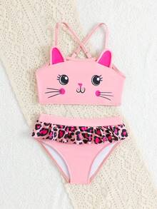 SHEIN Bộ bikini cho bé gái, kiểu dáng thư giãn, màu nâu họa tiết lá cây, dệt kim kỹ thuật số, gồm áo tắm một mảnh và quần bơi tam giác, thời trang, giản dị, tinh tế và thanh lịch, hoàn hảo cho các quý cô. Lý tưởng cho bơi lội, kỳ nghỉ hè, đi biển, các hoạt động bên hồ bơi, các buổi tiệc mùa hè và những chuyến đi chơi thư giãn. Đồ bơi hình mèo cho bé gái, đồ bơi hoạt hình cho bé gái, đồ bơi 2 mảnh cho trẻ em, đồ bơi 2 mảnh cho bé gái, đồ bơi 2 mảnh cho trẻ em. - Màu Cam san hô - Xem 3