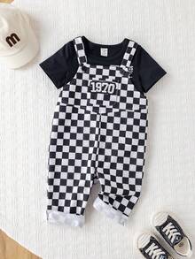 SHEIN Unisex Baby Checkered Suspender Pants, Casual & Cute, Spring/Summer Baby Boy Clothes, Streetwear - Black and White - View 8