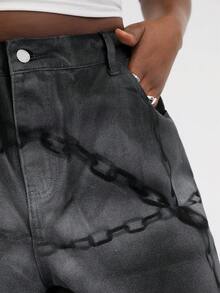 Slaydiva Plus Size Women High Waist Pockets Chain Print Loose Fit Flare Leg Jeans - Black - View 6
