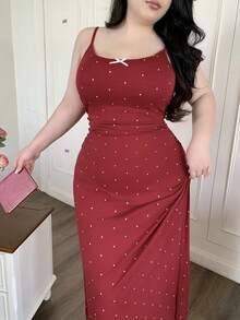Dazy Plus Plus Size Women Polka Dot Elastic Tight Fitting Sleepwear Dress With Elegant Bow Decor, Red - Burgundy - View 2