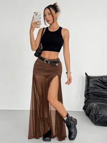 SHEIN EZwear 女士时尚性感咖啡棕色网纱拼接高开衩裙 - 咖啡棕 - 查看 5