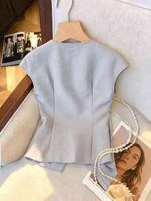 Franclia Women's Elegant Light Grey Summer Sleeveless Textured Blouse, Office Asymmetrical Hem Slit Top For Vacation,Beach,Parties & Occasions - Dusty Blue - View 2