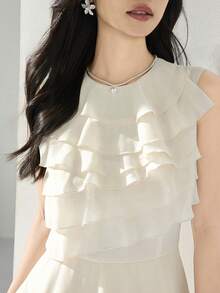 Heiryn Women's Solid Color Patchwork Ruffled Hem Elegant Dress - Apricot - View 6