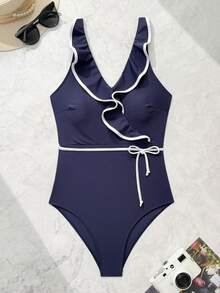 Swim Chiccia 1 bộ đồ bơi liền thân nữ màu trơn phối tương phản, cổ chữ V xếp nếp, dây đeo có thể điều chỉnh, hở lưng, thanh lịch. - Màu xanh hải quân - Xem 6