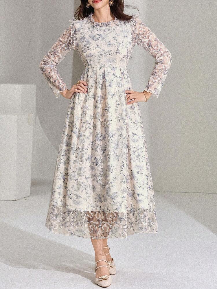 Women's Elegant Floral Print Midi Dress, Suitable For Commuting Sundress