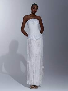 Elitara 优雅浪漫时尚的白色衬衫面料，褶裥装饰，鱼骨纹装饰，垫肩设计，优雅派对礼服，衬衫裙，婚礼宾客礼服，粉色连衣裙，单身派对礼服，舞会礼服，鸡尾酒礼服 - 白色 - 查看 7