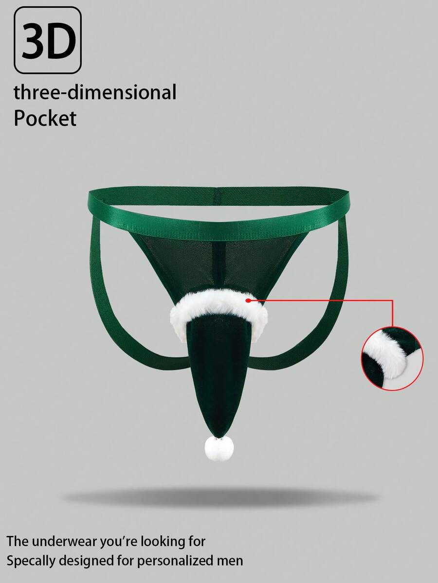DrisQ 圣诞节、绒球、圣诞派对、挑逗、情色、丰满的臀部、裸露的臀部、男士、性感、丁字裤、内衣 - 綠色 - 查看 1