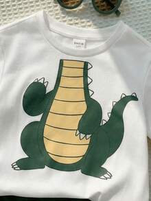 SHEIN 2件套婴儿男女童休闲可爱恐龙动物印花宽松圆领针织上衣T恤和短裤套装，适合春夏穿着 - 彩色 - 查看 5