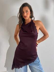 Aloruh 女士性感优雅蕾丝拼接露背吊带缎面纯色上衣 - 紫色 - 查看 3