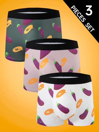 3条装男士茄子印花平角内裤，多色