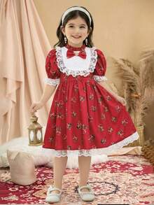 SHEIN Vestido de niña joven con bloques de color rojo, cuello Peter Pan, encaje y corte A, lindo & elegante para fiesta de verano, Día de San Valentín, uso diario escolar & vacaciones y días festivos - Rojo - Ver 6