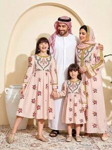 Traditionelles arabisches Kleid für Tween Mädchen, elegantes Retro-Blumenkleid mit Kragen, Blumenstickerei, taillierter Taille, Langarm, ausgestellter Rock - Verschiedenfarbig - Übersicht 3