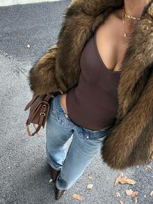 DAZY Women's Fashionable Faux Fur Collar Jacket, Autumn/Winter - Brown - View 6