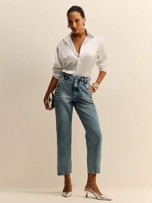 Daynim 高腰珍珠串珠牛仔裤 - 淺色水洗藍 - 查看 6