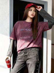 Manfinity Unisex Men's Fashionable Casual Loose Fit Long Sleeve T-Shirt With English Text & Graphic Print, Knitted Daily Wear, Summer, Couple Things - Red - View 2