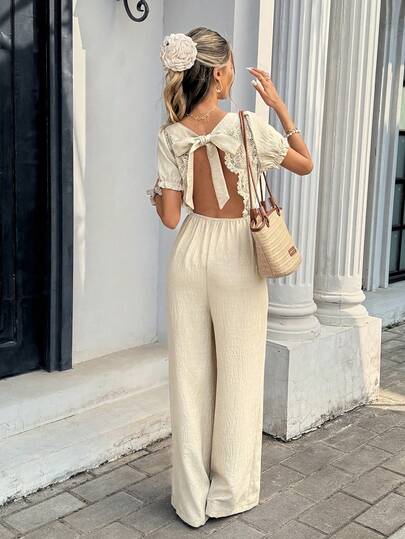 Serisse Women's Summer Casual Contrast Lace Backless Tie Jumpsuit,French Elegant Lace V-Neck Patchwork Hollow-Out Open Back Short Sleeve Jumpsuit, Bow Tie Design, Lace Details, Summer,Lace Jumpsuit,Lace Jumpsuit, Casual Outfit For Women,Summer Vacation Outfits,Fasching Women Costume,Fasching Women Costume,Carnival Costumes