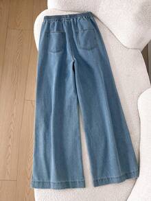 Teen Boy Fashion Casual Y2k Vintage Cool Street Returns To School College Simple Side Slits And Elastic Waist Design Blue Denim Loose Wide-Leg Jeans For Teen Boy Clothes Teen Boy Dailywear And Teen Boy Winter And Fall Rave Outfits Festival And Outfits Streetwear Clothes - Blue - View 2