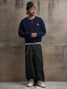 AXEPEAK 男士秋冬字母刺绣麻花针织落肩毛衣