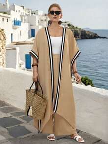 SHEIN LUNE CURVE مجموعة قطعتين تتكون من رداء كاجوال مقسوم مع أكمام 3/4 بخطوط سوداء وبيضاء وبنطال قطني كتان منتظم مطوي - كاكي - مشاهدة 6